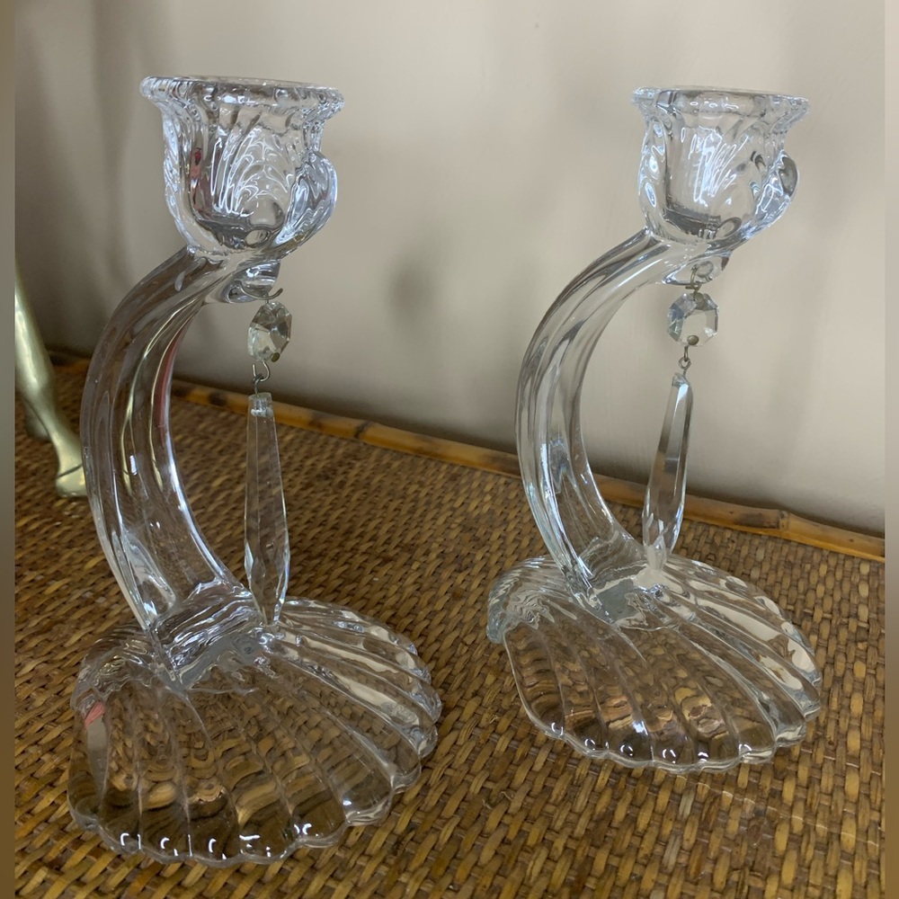 Cambridge Glass Caprice Clear Candlesticks Clam Shell Base Pair Candle Holders